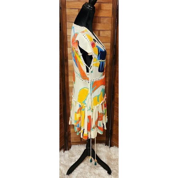 Z&L EUROPE Tassel Tie Armhole Lace Trimmed Tiered 32" Mini Dress Tucan Print S - Picture 3 of 6
